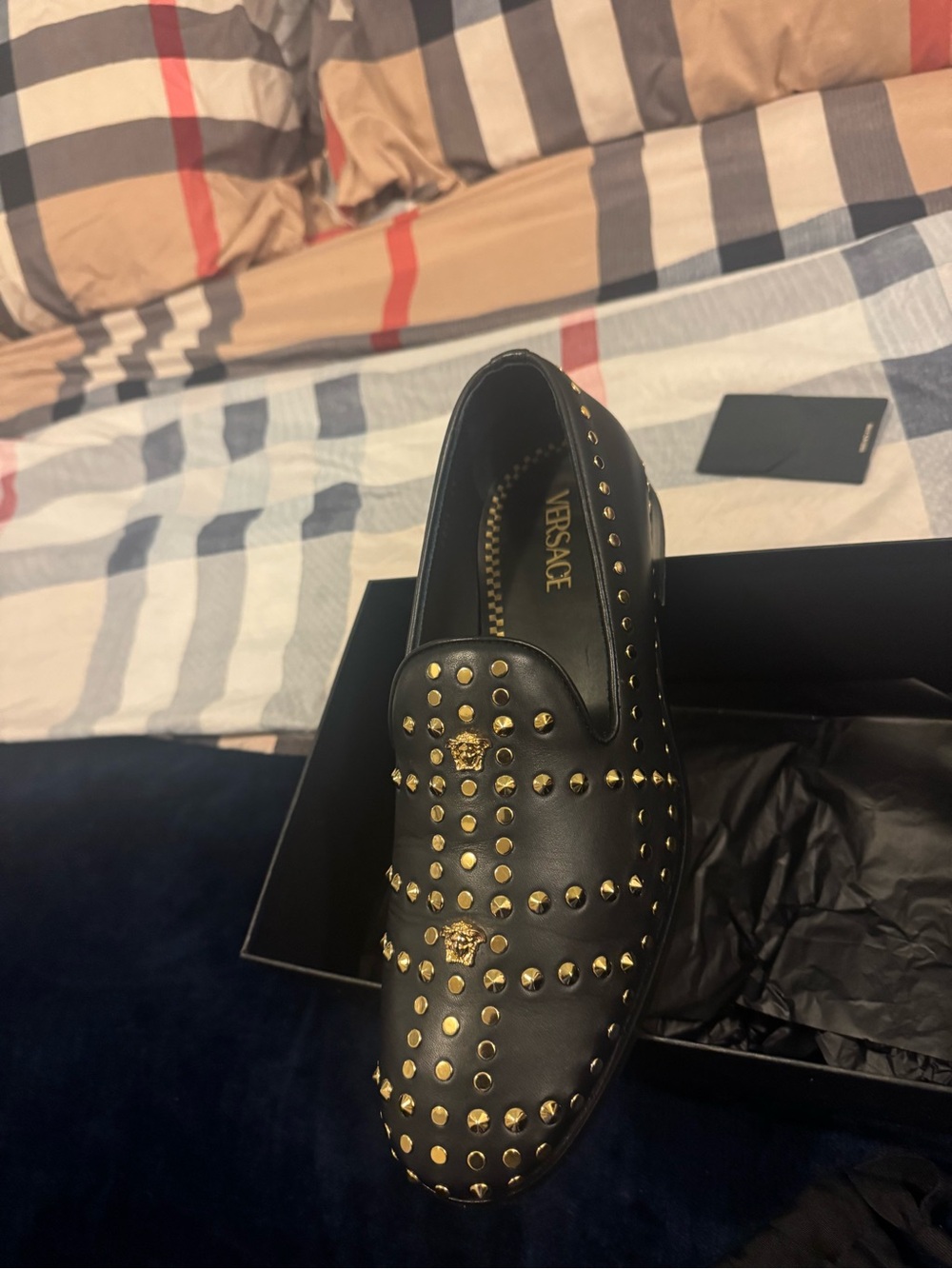 Versace Black Leather Loafers with Gold Stud Detailing